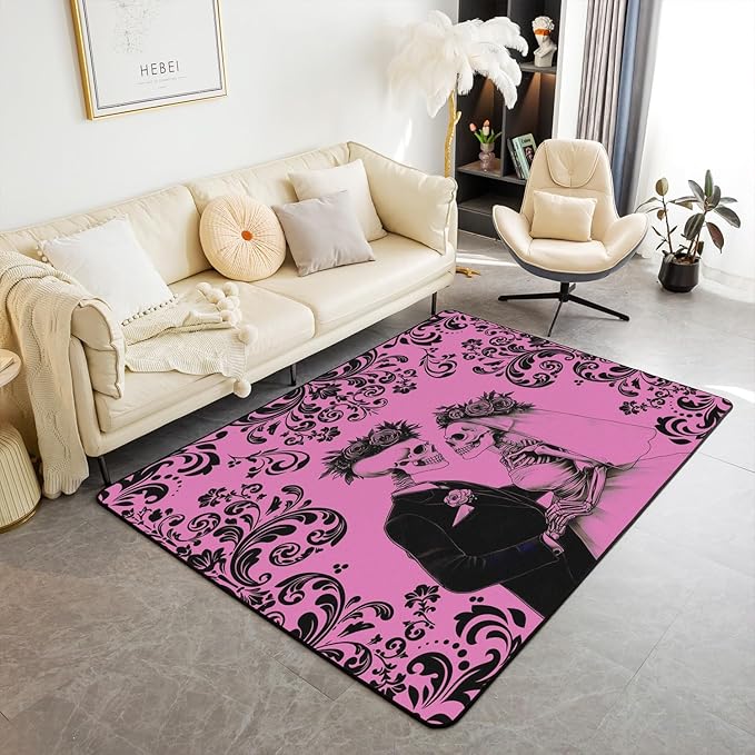Erosebridal Sugar Skull Carpet Gothic Exotic Damask Indoor Floor Mat 3X5,Pink Black Goth Decorative Rug Halloween Horror Area Rug Couple Skeleton Rose Decorative Accent Rug for Women Men - sugar skull area rug