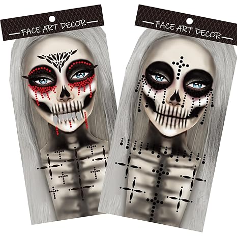 Tear Face Jewels, Fake Blood Tears Glitter Face Gems Tattoo Stickers Skull Design for Halloween Party and Costume - sugar skull makeup kit