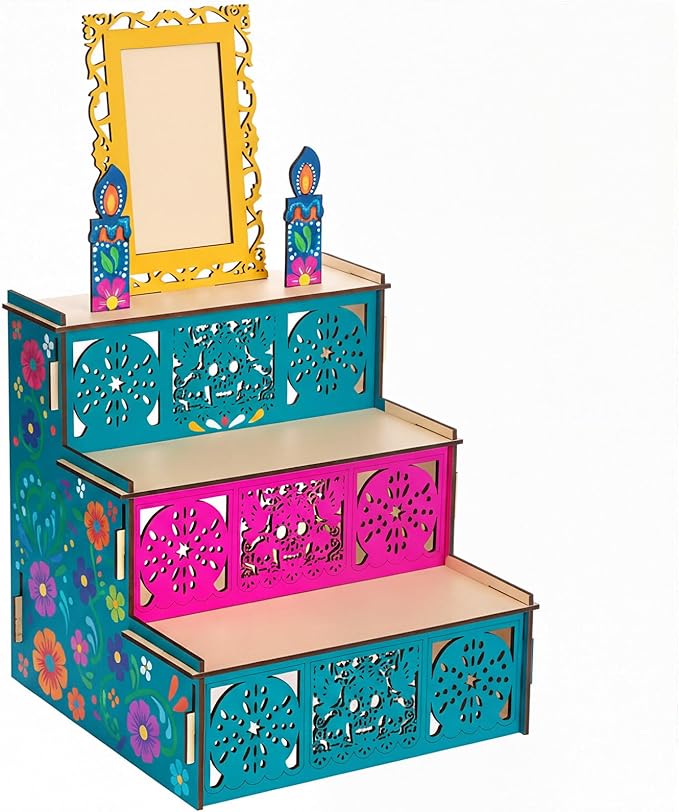 MotiMind Dia De Los Muertos Altar Ofrenda, Wooden Sugar Skull and Candle Papel Picado Day of the Dead Supplies with Photo Frame for Dia De Los Muertos Decor and Indian Diwali Decoration (Square Style) - sugar skull candle holder