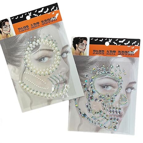 Halloween Pearls Face Gems,Day Of The Death Skull Face Jewels Sticker,2-Pack - sugar skull temporary tattoo