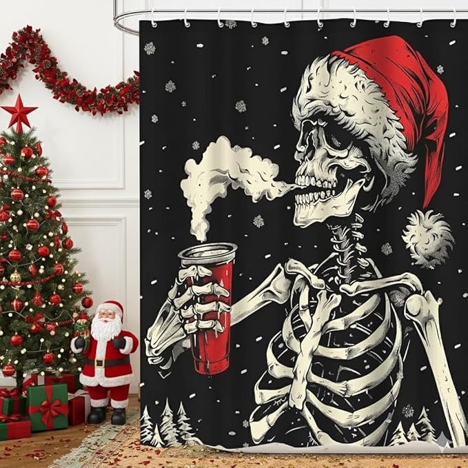 Aperturee Christmas Halloween Funny Skull Shower Curtain Skeleton with Red Chrsitmas Hat Black Holiday Fabric Bath Accessories Curtains Decor 12 Plastic Shower Hooks,72x72 Inch - sugar skull shower curtain set