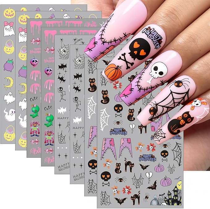 8Sheets Ghost Pumpkin Halloween Nail Art Stickers - 3D Self-Adhesive Pegatinas Uas Skull Ghost Scar Spider Bat Nail Decals Skeleton Nail Stickers DIY Holiday Nail Art Decorations for Women Girls - sugar skull nail art