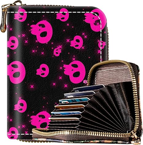 Credit Card Holder for Women, Halloween Skull RFID Credit Card Wallet with Zipper, Cute Mini Leather ID Card Holders Small Skulls Wallets - sugar skull wallets for women