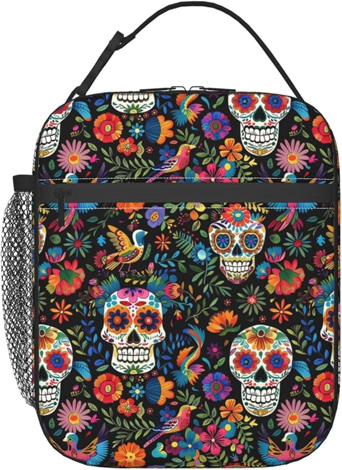 ainori Reusable Vibrant Sugar Skull Lunch Box for Kids Girls Boys Women Adult, Insulated Day of the Dead Lunch Bag,Polyester Cooler Gothic Handbags Case for School Picnic Work Travel Beach or Hiking - sugar skull handbags for sale