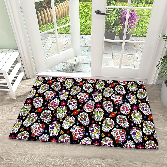 Welcome Mats Whimsical Skull Art Indoor Front Door Mats for Home Entrance, Super Non-Slip Floor Mats for Home Entryway, Outdoor Welcome Mat, Easy Clean, 17x 30 inch - sugar skull area rug