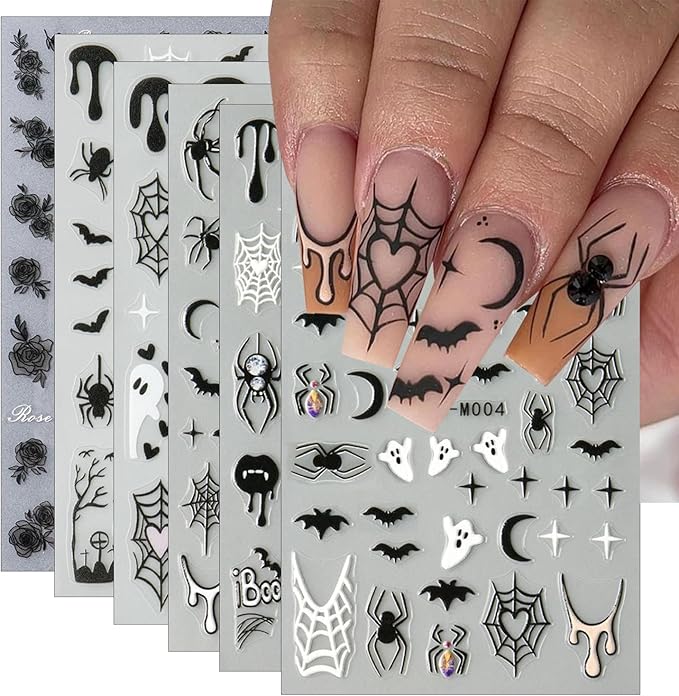 6Pcs Halloween Nail Stickers for Nail Art, Bat Spiders Nail Art Stickers Spider Web Black Rose Skull Ghost Nails Design Decals Halloween Nail Supplies for Women DIY Manicure Decoration Accessories - sugar skull nail art