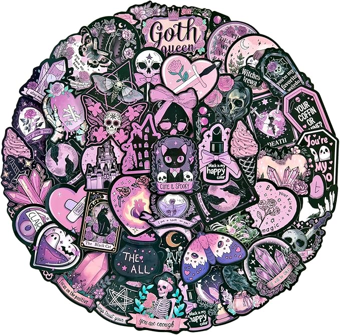 Dark Pink Goth Stickers - 50 Pcs Gothic Skull Witchy Waterproof Vinyl Stickers for Water Bottle, Laptop, Phone Case - Graffiti Aesthetic Stickers for Adults Girls & Teens - sugar skull vinyl sticker