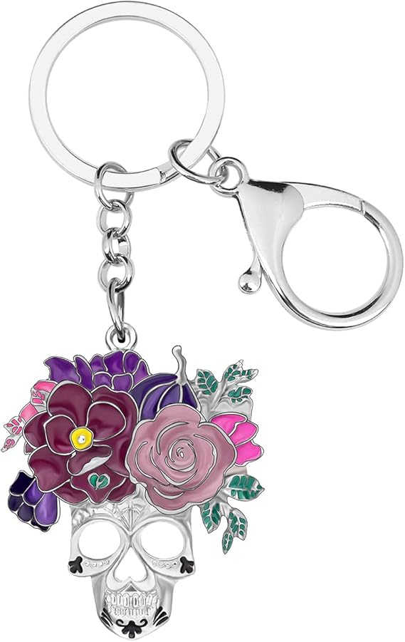 Enamel Alloy Halloween Flower Skull Keychain Car Keys Purse Charms Bag Accessories Sugar Skull Gifts for Women Girls - sugar skull handbags for sale
