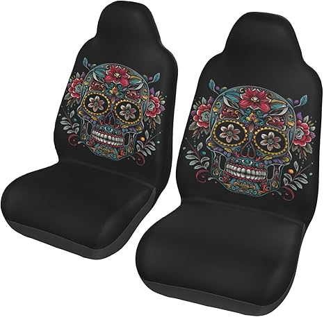 Retro Sugar Skull Car Seat Covers 2 Pcs Set Vehicle Front Seats Protector Auto Interior Accessories Protetors Car Mat Covers Universal fit for Cars Trailer RV SUVs Trucks Vans - sugar skull car seat covers set