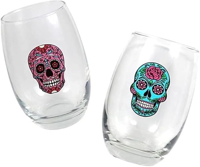 Spreading Love 2 You:(2) Colorful Day of the Dead Sugar Skull Stemless Wine Glasses. great to add to your decor. Dia de los Muertos, Holiday, Halloween and more - sugar skull coffee cup