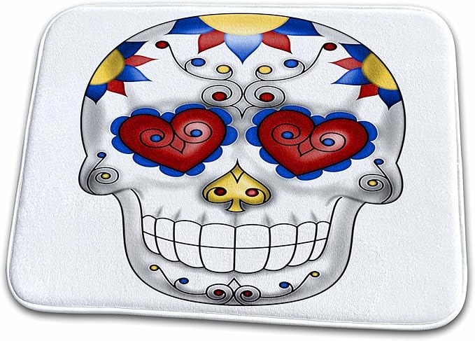 3dRose Bathroom Bath Rug Mat - Red, Yellow, Blue and White Sugar Skull Illustration Cute Illustrations - sugar skull toilet mat set