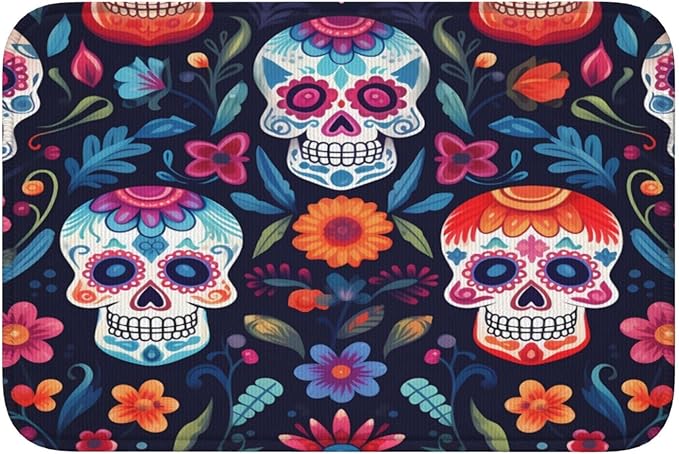 Colorful Sugar Skull Flower Door Mat 23.6"x15.7" Non Slip Doormat Indoor Outdoor Entrance Absorbent Kitchen Floor Mats Rug - sugar skull floor mat
