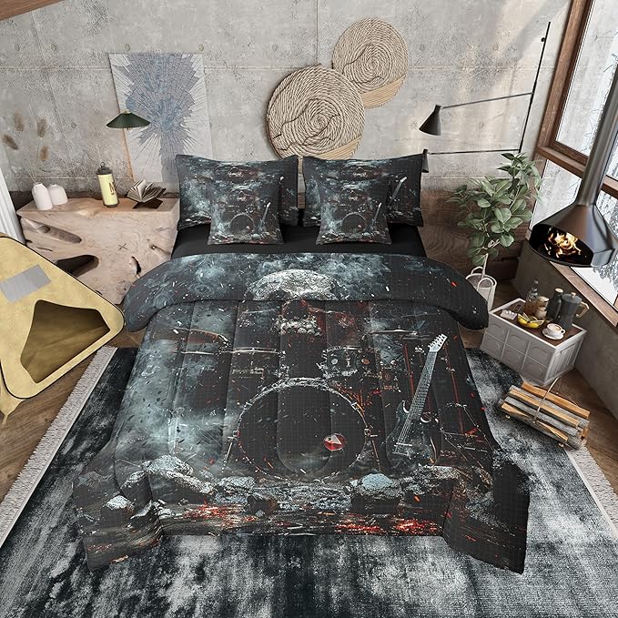 Erosebridal Gothic Music Themed 7 Piece Comforter Set Twin Bed in a Bag,Musical Instrument Drum Kit Bedding Sets Halloween Skeleton Sugar Skull Grunge Black Red Sheet Set with Comforter - sugar skull bedding set