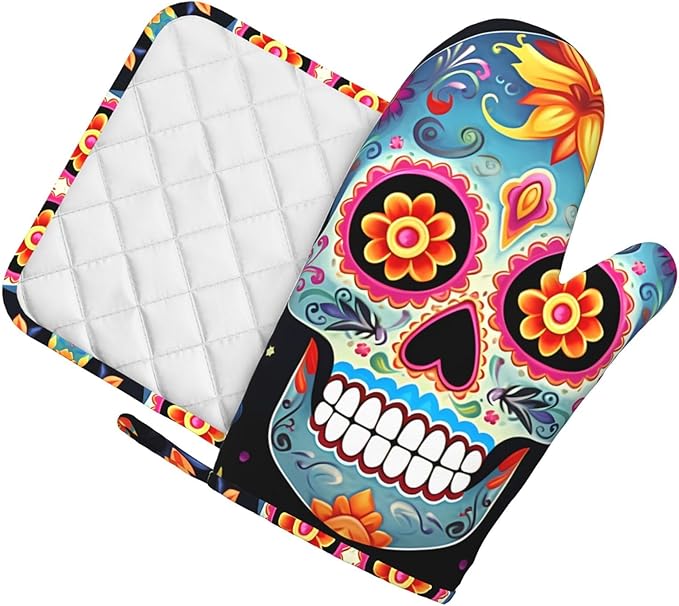 Oven Mitts and Pot Holders 2 pcs Set Oven Glove for Cooking Sugar Skulls Oven Mitt Heat Resistant Kitchen Oven Gloves and Hot Pads Non-Slip Cooking Gloves for Baking Kitchen Hot Pads - sugar skull oven mitts