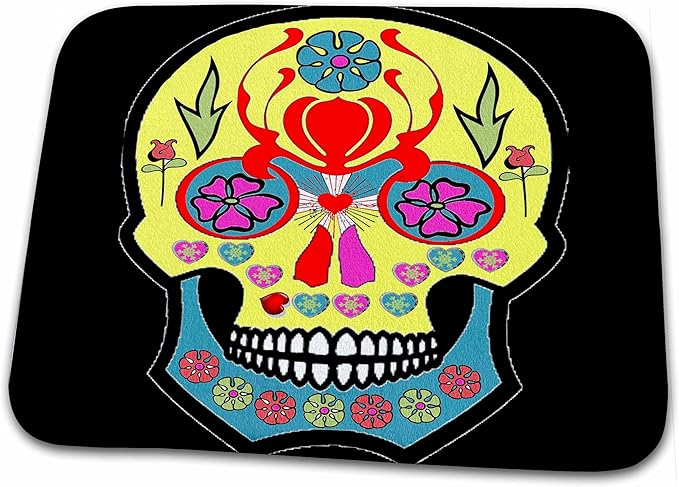 3dRose Bathroom Bath Rug Mat - Yellow Sugar Skull with Flowers Skulls - sugar skull toilet mat set