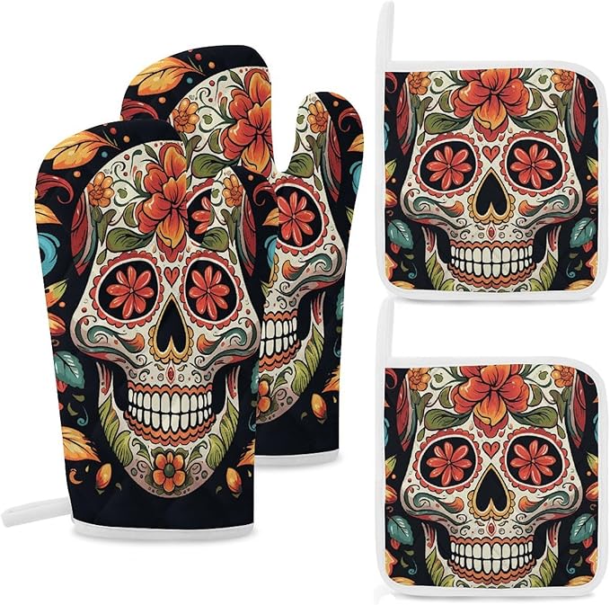 4 Pcs Oven Mitts and Pot Holders Set Kitchen Oven Gloves Heat Resistant Potholders Non-Slip Hot Pads Colorful Sugar Skull Oven Mits for Cooking Baking Grilling - sugar skull oven mitts
