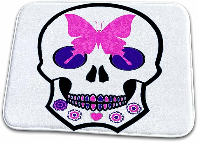 3dRose Bathroom Bath Rug Mat - Sugar Skull with A Pink Butterfly and Flowers Skulls - sugar skull toilet mat set