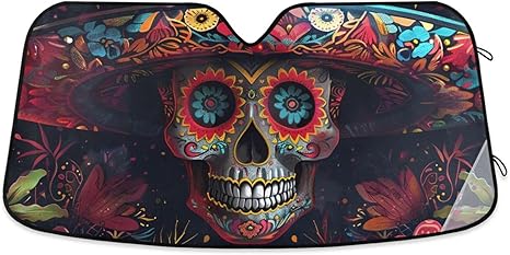 Mexican Sugar Skull Car Windshield Sun Shade Aluminum foil Layer Reflective Sun Visor for SUV Sedan Large Size - sugar skull car sunshade for windshield