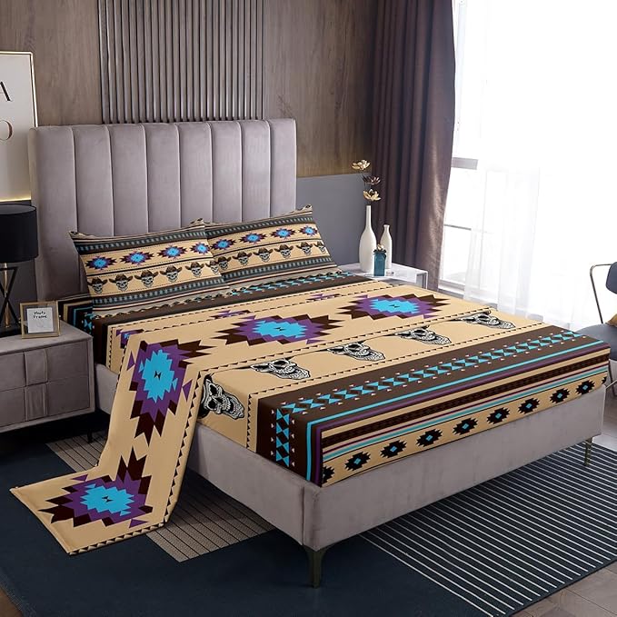 Feelyou Brown Western Decor Bed Sheets Set Southwestern Sheet Set Sugar Skull Wild Western Cowboy Geometric Tribal Sheets with Deep Pocket Fitted Sheet Full Size Rodeo Cowboy Style Bedding Set 4Pcs - sugar skull bedding set