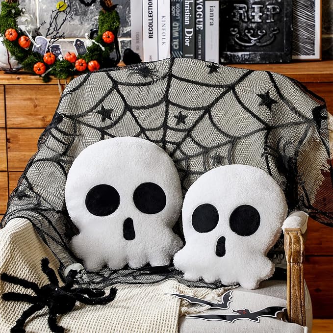 2 Pcs Skull Skeleton Pillows Decorative Skull Throw Pillows for Sofa Bed Couch Stuffed Gothic Party Outdoor Home Decorations Christmas Halloween Skeleton Decor Cushion (14 Inch and 12 Inch) - sugar skull throw pillow