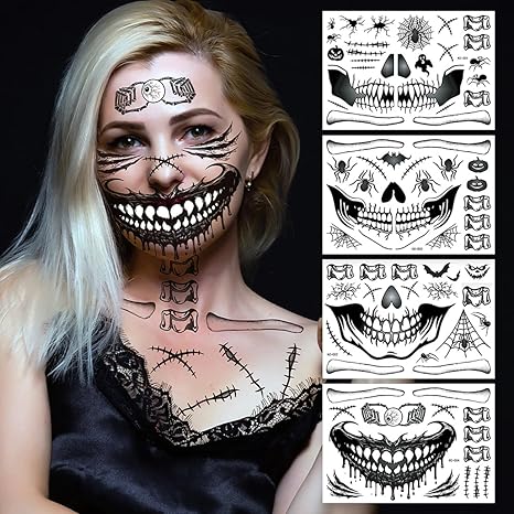 Halloween Horror Skeleton Face Stickers Tattoo Temporary Waterproof Devil Mouth Spider Web Temporary Tattoo Stickers Mask Party Makeup Art Fake Tattoos Adults Festival Decor Supplies 4PCS Sets - sugar skull temporary tattoo
