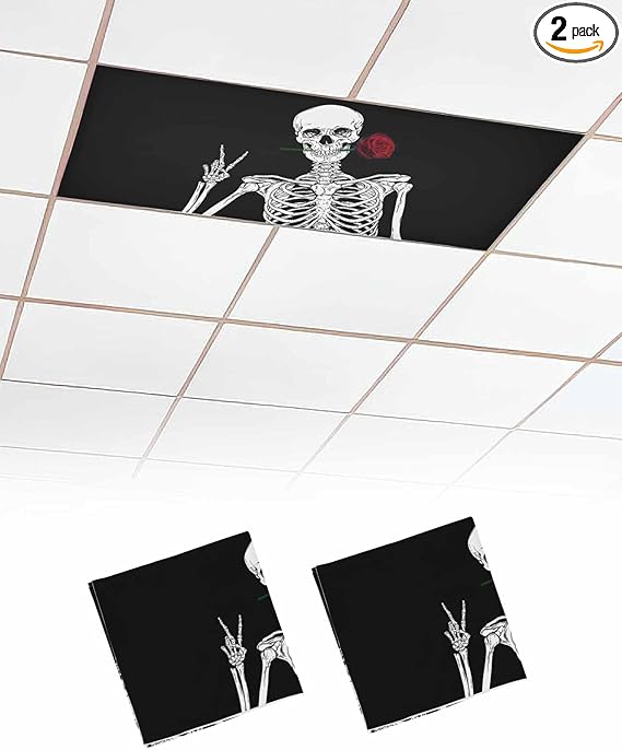 2 Pack Fluorescent Light Cover for Classroom Ceiling Light, Skull Skeleton with Rose Halloween Magnetic Light Cover Filters, Sugar Black Funny Light Covers for Home Drop Lamp Ceiling Decor 4x2 ft - sugar skull table lamp