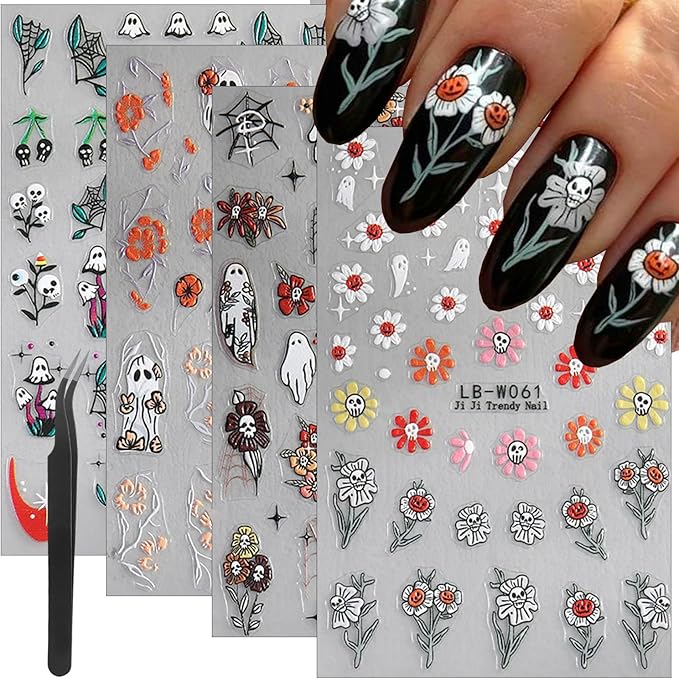 4 Sheets Halloween Nail Art Stickers With Tweezers - Horror Ghost Self-Adhesive Embossed Flower Skull Decals - Cute Sunflower Designs for Women Girls DIY Nail Decoration - sugar skull nail art