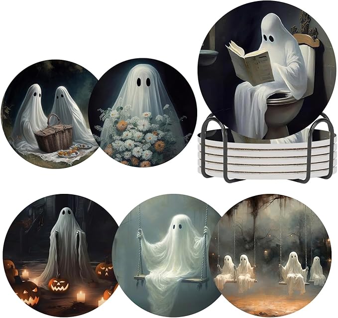 Halloween Ghost Coasters for Drinks Set of 6,Round Absorbent Ceramic Stone Coaster with Metal Holder Stand,Vintage Cute Ghost Art Coasters with Cork Base for Coffee Table,Parties,Gifts - sugar skull coasters set