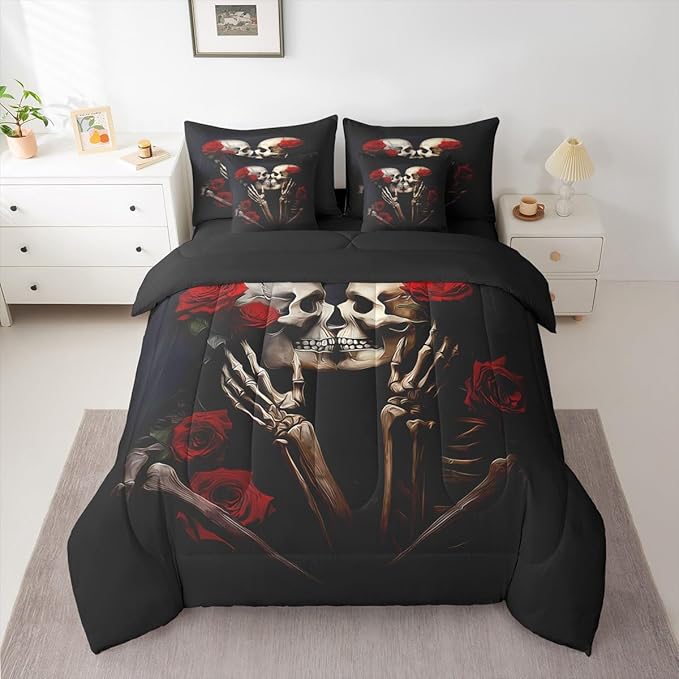 Feelyou Sugar Skull Bedding Set 7 Pieces King Size Kids Rose Gothic Skull Comforter Set for Boys Girls Teens Valentine's Day Bed Set Romantic Bed in a Bag, Comforter+Sheets+Pillowcases+Cushion Cover - sugar skull bedding set