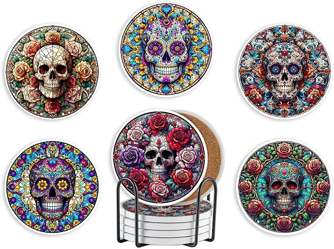 Onebttl Skull Coaster for Mexicans, The Day of Dead Gifts, Home Decor for Mexicans, Ceramic, Set of 6, Rose - sugar skull coasters set