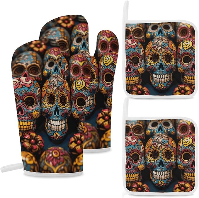 4 Pcs Oven Mitts and Pot Holders Set Kitchen Oven Gloves Heat Resistant Potholders Non-Slip Hot Pads Colorful Sugar Skulls Oven Mits for Cooking Baking Grilling - sugar skull oven mitts