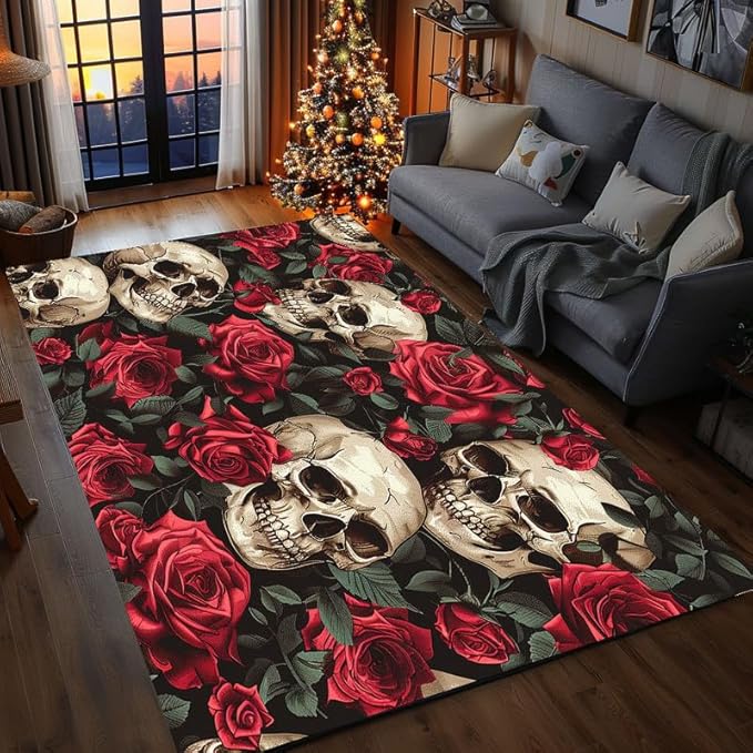 Skull Rose Carpet - Exquisite Pattern, Non-Slip, Soft, 24x36inch - sugar skull area rug