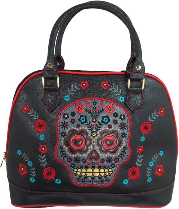 Women's Faux Leather Embroidered Flower Sugar Skull Shoulder Bag, Flower Sugar Skull Black Faux Leather Bowling Bag - sugar skull handbags for sale