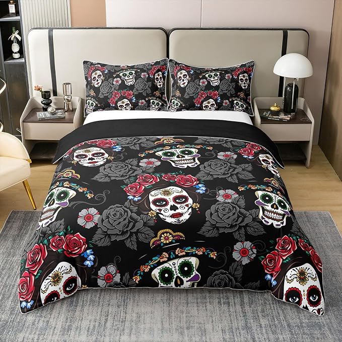 100% Cotton Sugar Skull Duvet Cover Queen Size 3 Pcs Retro Red Gray Rose Romantic Style Bedding Set for Kids Teens Adults Happy Halloween Theme Human Skull Comforter Cover,2 Pillowcases,No Comforter - sugar skull throw pillow
