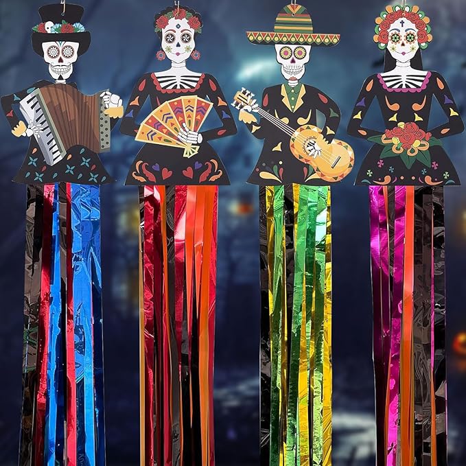 4 PCS Large Day of The Dead Decorations, 4.6Ft Inch Dia De Los Muertos Decorations Outdoor Hanging Sugar Skull Decors Mexican Fiesta Day of The Dead Altar Halloween Party Home Decor - sugar skull christmas ornament