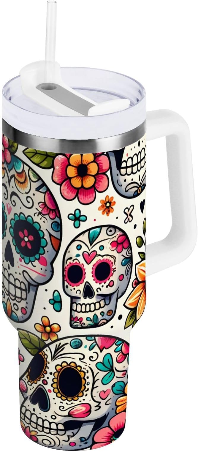 ALAZA Sugar Skull Day Of Dead Flower 40 oz Tumbler Stainless Steel Water Bottle Vacuum Insulated Cup with Straw Lid & Handle For Travel Car Cup Holder - sugar skull tumbler with straw