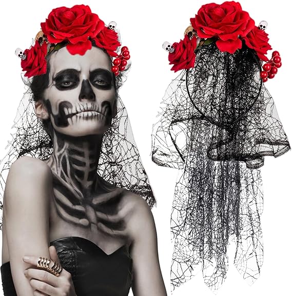 Red Rose Skull Veil Headband for Women Rose Flower Crown Day of The Dead Floral Hair Hoop Gothic Head Piece Costume Cosplay Headpiece Hair Accessories for Halloween Wedding Photo Prop - sugar skull flower crown