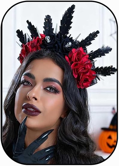 Campsis Gothic Flower headbband Halloween Feather Hair Band Black Skull Rose Hair Hoop Cosplay Witcher Party Costume Spiked Headwear Hair Accessories for Women - sugar skull flower crown