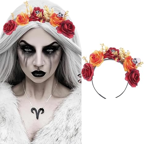 Orange and Red Rose Skull Headband for Women Rose Flower Crown Floral Skull Hair Hoop Day of The Dead Head Band Gothic Head Piece Costume Cosplay Hair Accessories for Halloween Wedding Photo Prop - sugar skull flower crown