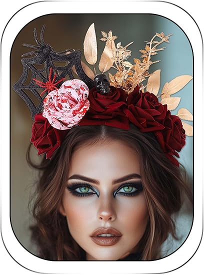 Woeoe Halloween FLower Headband Spider Day of The Dead Floral Hairband Skull Cobweb Costume Party Headpiece for Women and Girls (Color-D) - sugar skull flower crown