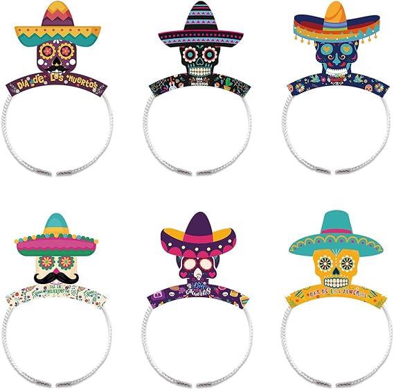 Apol 6 PCS Day of the Dead Party Decorations Sugar Skull Hair Band Headband Skull with Sombrero Photo Prop for Halloween Mexican Fiesta Party Day of The Dead Decorations - sugar skull flower crown