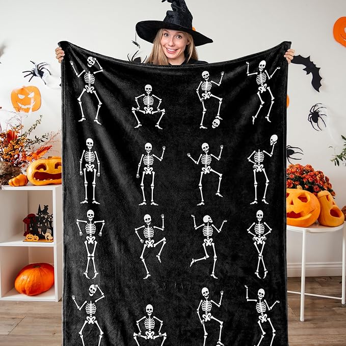 Halloween Throw Blanket Black White Dancing Skeleton Fuzzy Blanket Decorative Soft Cozy Flannel Blanket for Home Bed Sofa Couch Chair, 50 x 60 Inch - sugar skull throw blanket