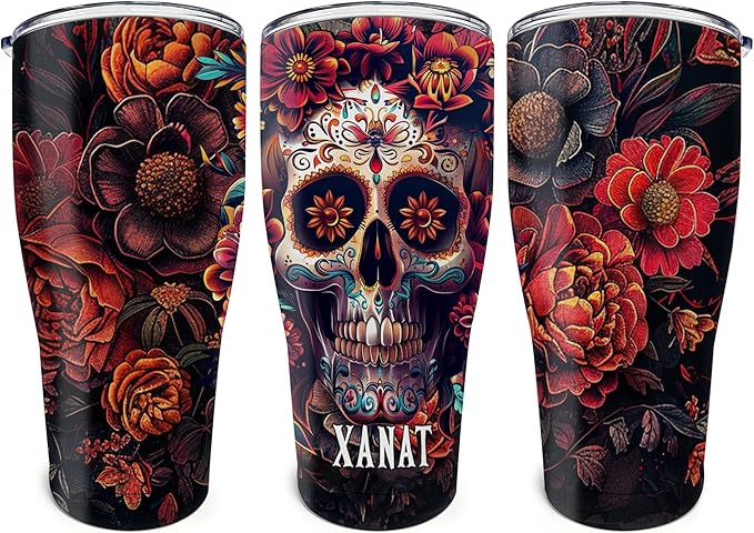 Personalized Skull Tumbler - Gothic-Themed Gift - Sugar Skull 30oz Vacuum Stainless Steel Tumbler - Custom Name - Unique Halloween & Christmas Birthday Gift - sugar skull tumbler with straw