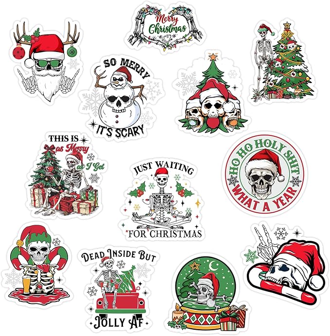 Christmas Funny Skeleton Fridge Magnets, 12 Pieces Xmas Red Green Skull Refrigerator Magnetic Stickers Decals for Metal Door Locker Mailbox Car Decoration Supplies - sugar skull christmas decorations