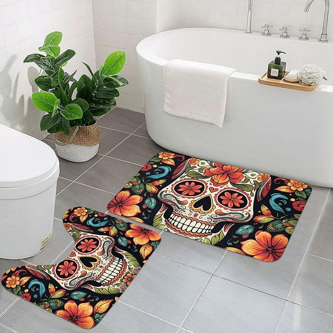 Bathroom Rugs Sets 2 Piece Bath Mat Soft Absorbent Microfiber Bath Rugs and U-Shaped Contour Toilet Rug Non-Slip Bath Carpet Colorful Sugar Skull Floor Mats for Bathroom - sugar skull floor mat