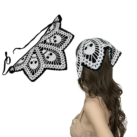 Halloween Spider Web Skull Hair Scarf, Crochet Bandana Headband, Cotton Knit Triangle Headband for Halloween Party Hair Styling Decor - sugar skull flower crown