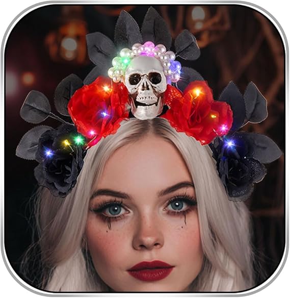 Skull Headband Crown Light Up Halloween Flower Headbands Gothic Day of the Dead Rose Hairband for Women - sugar skull flower crown