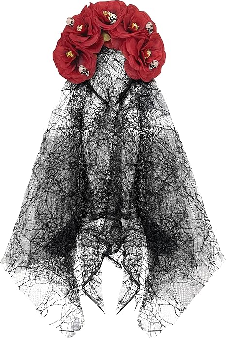 Rose Floral Veil Gothic Rose Lace Bridal Veil Headwear Headdress with Skull Halloween Dress Up Hair Accessories - sugar skull flower crown
