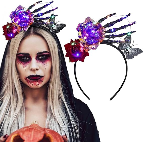 Light Up Flower Headbands Gothic Skeleton Butterfly Hairbands Day of The Dead Head Hoops Glowing Floral Halloween Party Cosplay Costumes Hair Accessories for Women - sugar skull flower crown