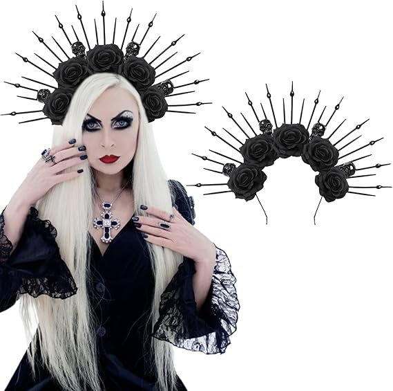 Black Rose Skeleton Goddess Halo Crown Headband for Women Gothic Flower Skull Queen Hair Hoop Day of The Dead Head Piece Costume Renaissance Cosplay Hair Accessory for Halloween Witcher Makeup Party - sugar skull flower crown